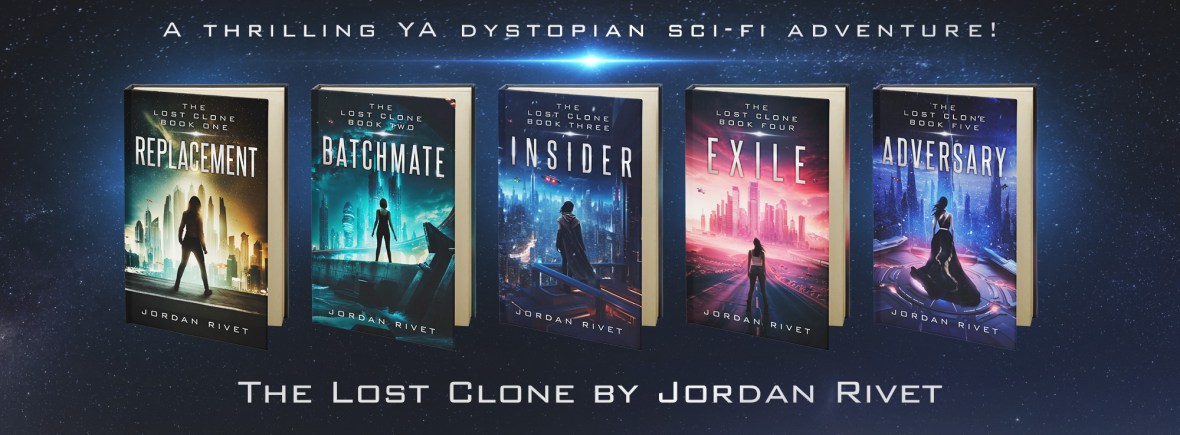The banner shows all five books in the Lost Clone YA science fiction series. Each book features the dramatic silhouette of a young woman in front of a science fiction city