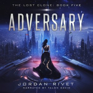 The cover of the audiobook edition of Adversary by Jordan Rivet shows a young woman in a dramatic gown gazing out at a science fiction cityscape.