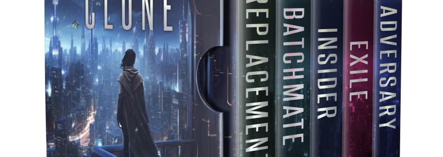 Image shows a 3-D rendering of the box set edition of the Lost Clone YA dystopian sci-fi series. The cover features a young woman staring out at a dramatic science fiction cityscape. The spines list the titles of all five books included in the set: Replacement, Batchmate, Insider, Exile, and Adversary.