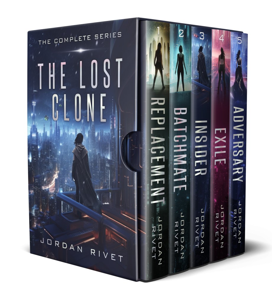 Image shows a 3-D rendering of the box set edition of the Lost Clone YA dystopian sci-fi series. The cover features a young woman staring out at a dramatic science fiction cityscape. The spines list the titles of all five books included in the set: Replacement, Batchmate, Insider, Exile, and Adversary.
