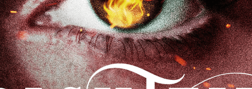 A close-up of a girl's eye with fire blazing in the iris, from the cover of Brightfire by Jordan Rivet.