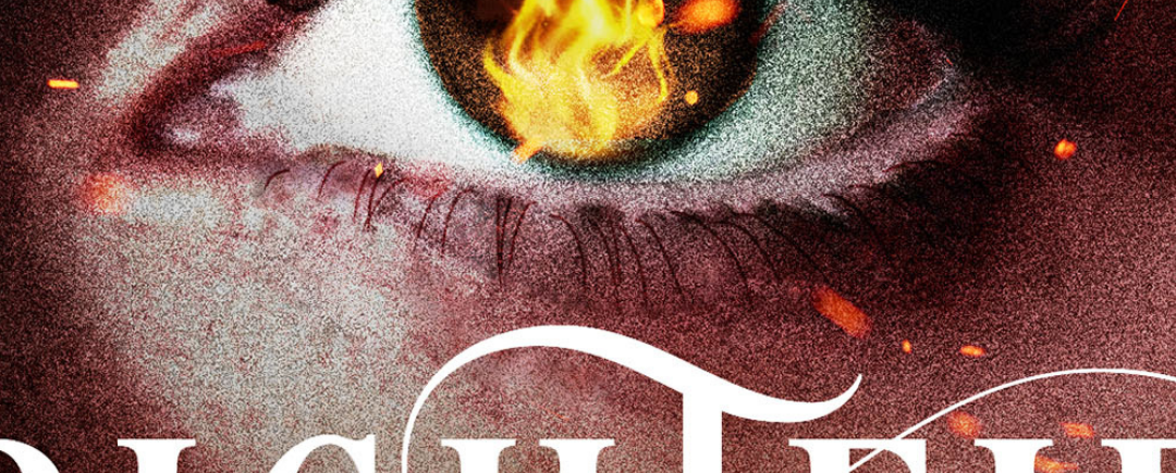 A close-up of a girl's eye with fire blazing in the iris, from the cover of Brightfire by Jordan Rivet.